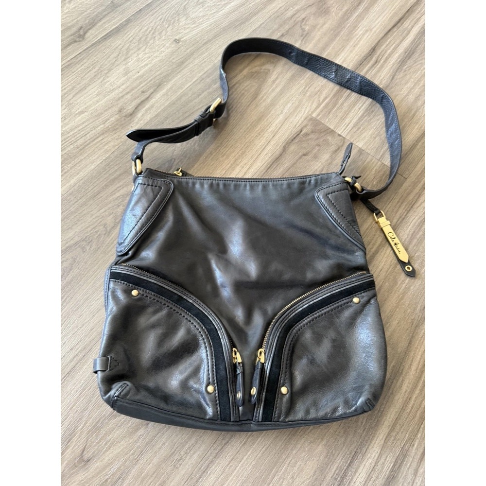 Cole Haan Black Leather Crossbody Hobo Bag Gold‎ Hardware Suede Trim